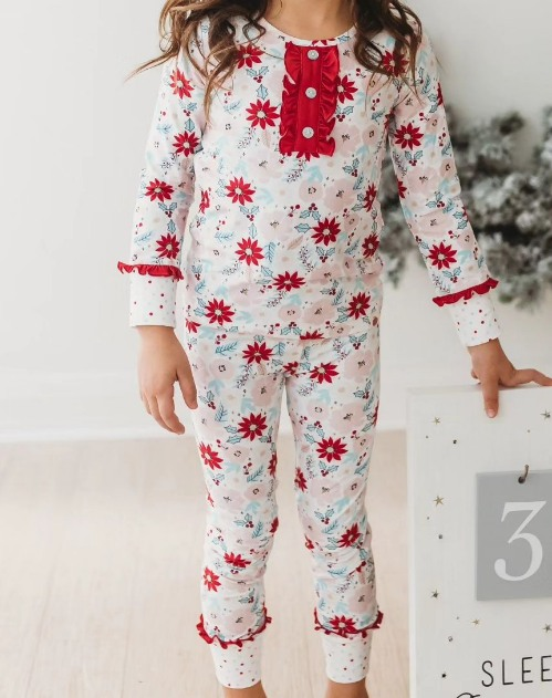 Red polka dots ruffle floral long sleeves kids girls pajamas