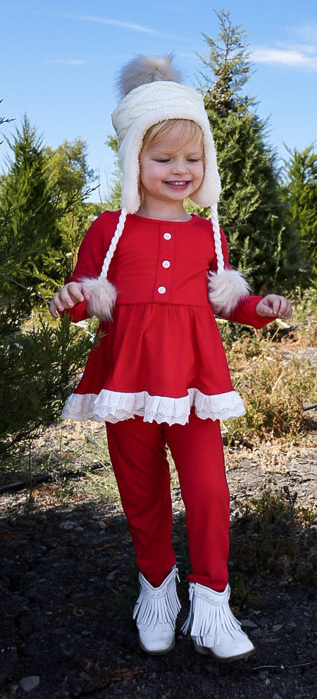 Red long sleeves ruffle tunic pants girls Christmas outfits