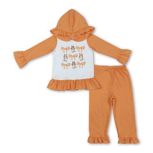 Yellow dog bow ruffle hoodie pants girls clothing set