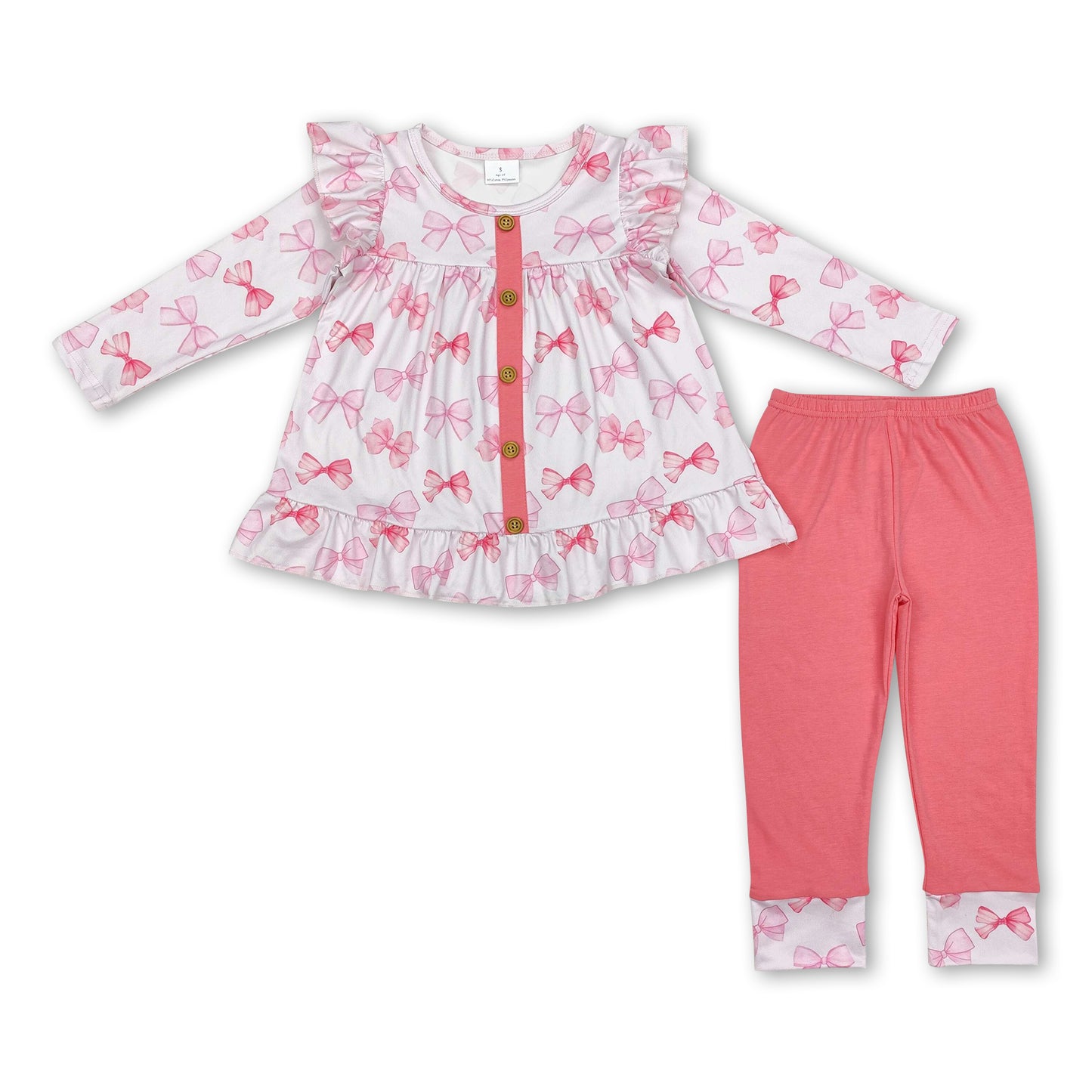 Pink bow ruffle tunic leggings kids girls clothing set