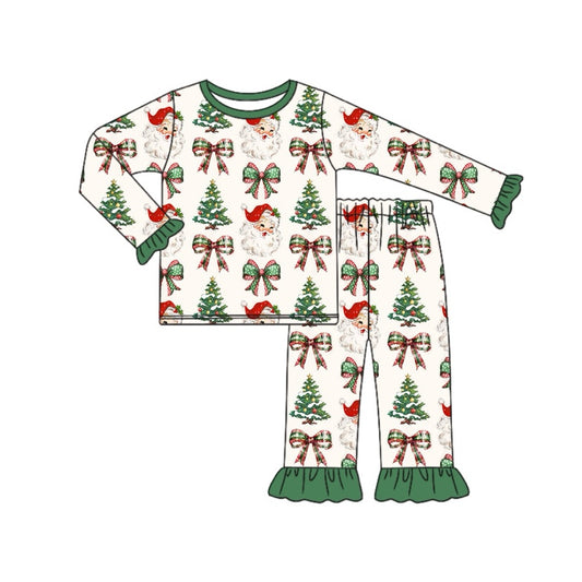 Green ruffle bow Christmas tree santa girls pajamas