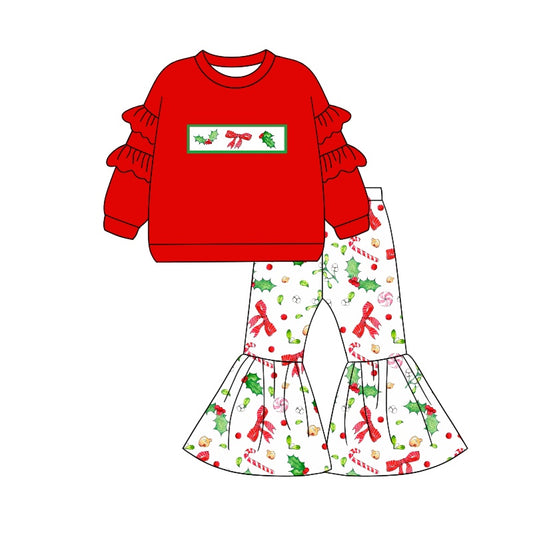 Red ruffle berry bow top bell bottom pants girls Christmas set