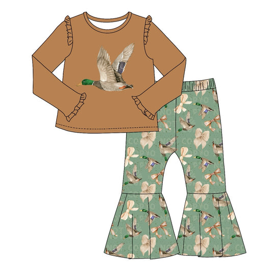 Ruffle duck top bow bell bottom pants girls hunting set