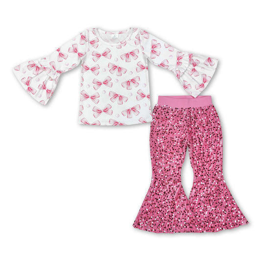 Pink bow top sequin pants girls clothing set