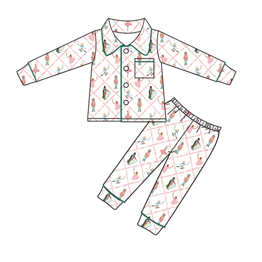 Pink ballet king girls Christmas button down pajamas