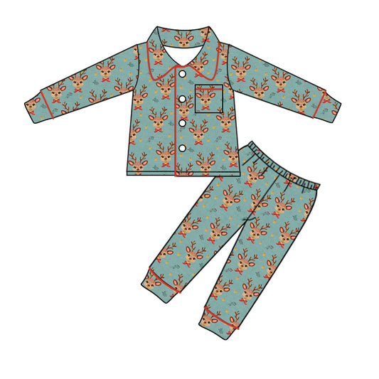 Deer bow girls Christmas button down pajamas