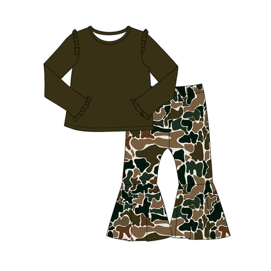 Ruffle solid top camo bell bottom pants girls clothes