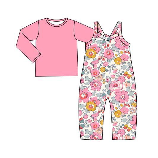 Pink long sleeves top floral jumpsuit baby girls clothes