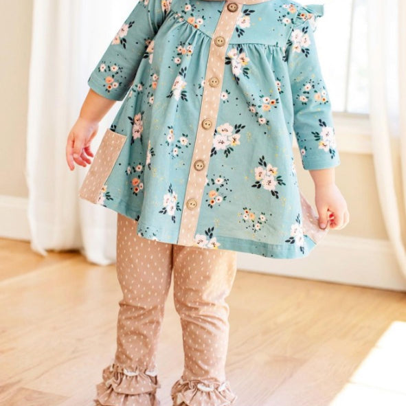 Long sleeves blue floral tunic polka dots pants girls clothes