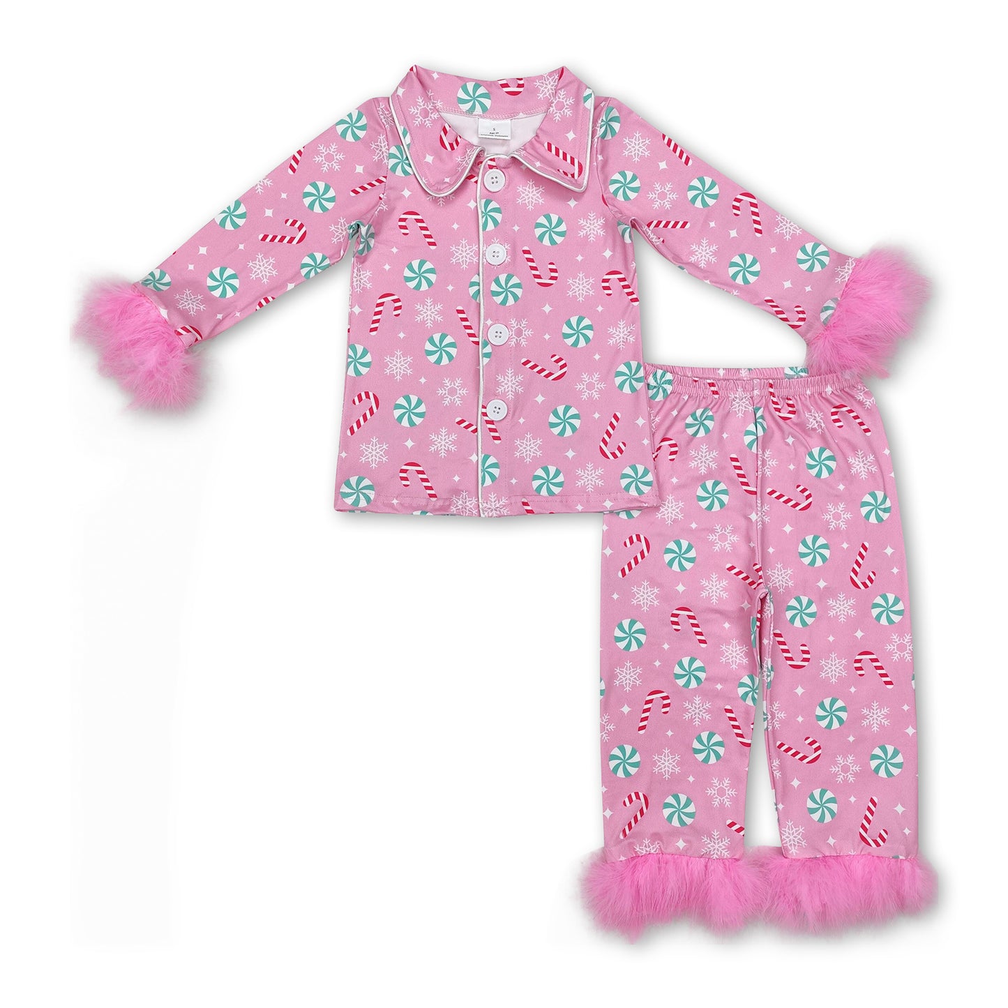 Pink fur candy cane girls Christmas button down pajamas