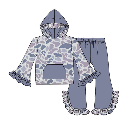 Ruffle grey camo pocket hoodie pants girls clothing set