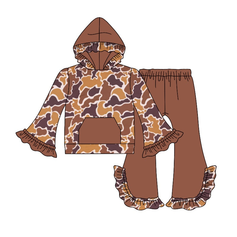 Ruffle brown camo pocket hoodie pants girls clothing set