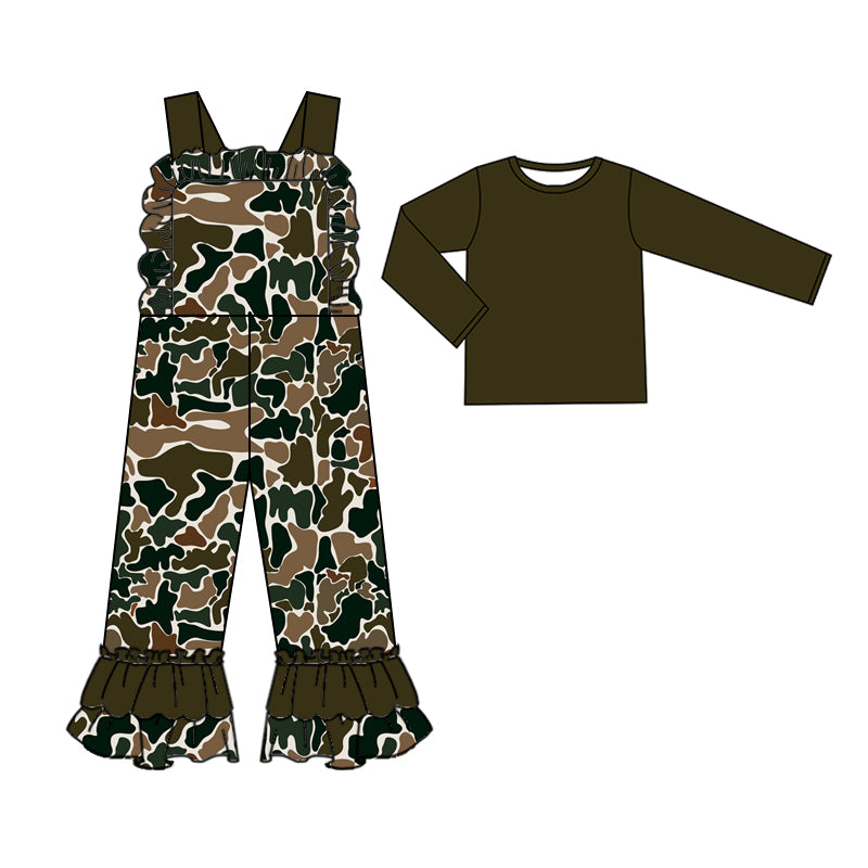 Long sleeves top dark camo ruffle overalls girls clothing set