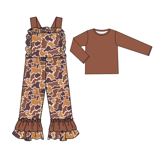 Long sleeves top brown camo ruffle overalls girls clothing