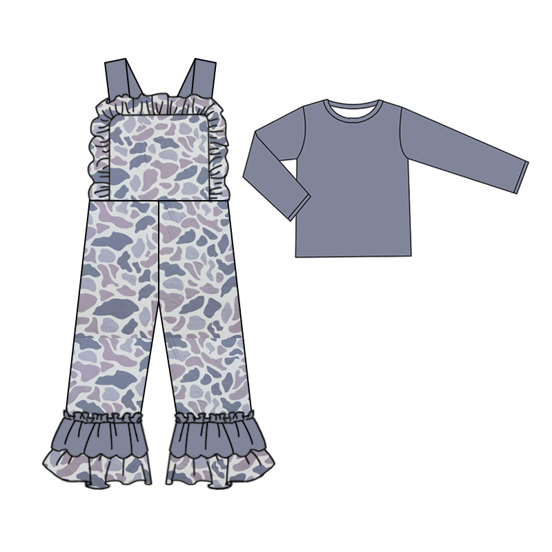 Long sleeves top grey camo ruffle overalls girls clothing