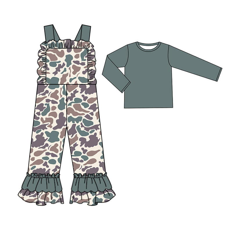 Long sleeves top camo ruffle overalls girls clothing set