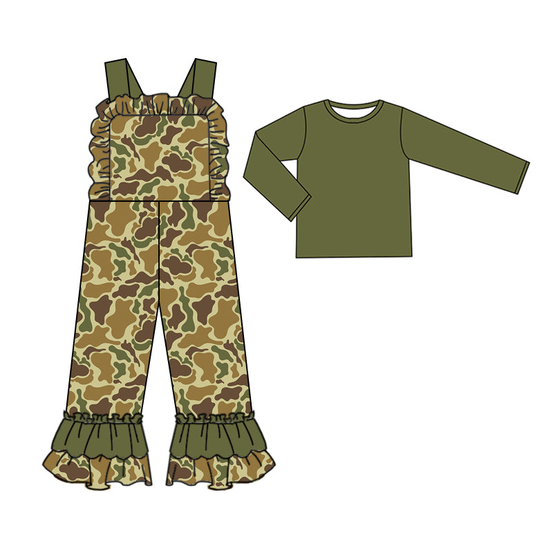 Long sleeves top olive camo ruffle overalls girls clothing set