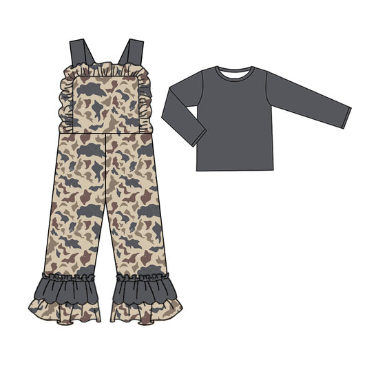 Long sleeves top dark grey camo ruffle overalls girls clothing