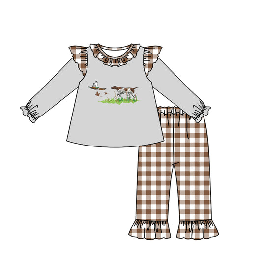 Grey duck dog top plaid ruffle pants girls clothing