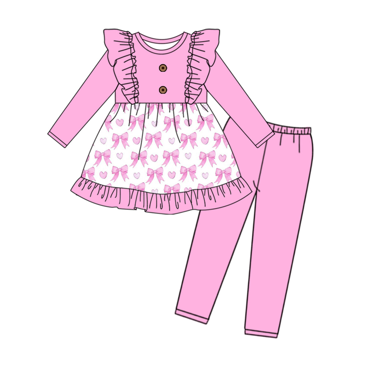 Pink bow heart ruffle tunic leggings girls valentine's set