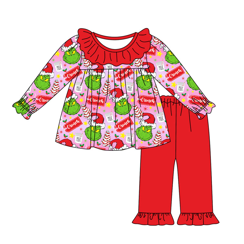 Red ruffle green face tunic pants girls Christmas outfits