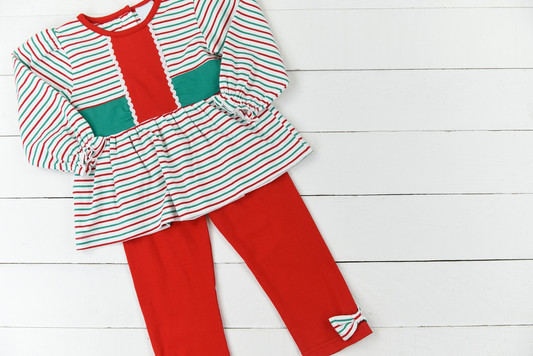 Red green stripe top leggings girls Christmas outfits