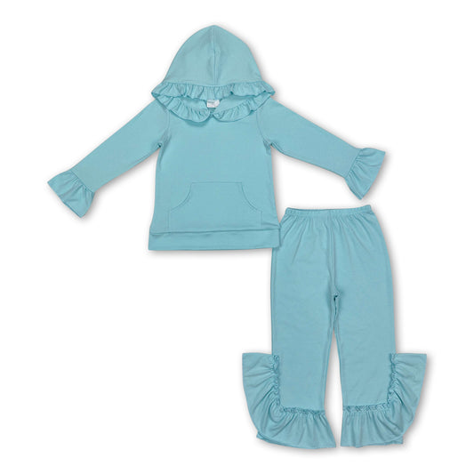 Mint color cotton ruffle hoodie pants girls clothing set