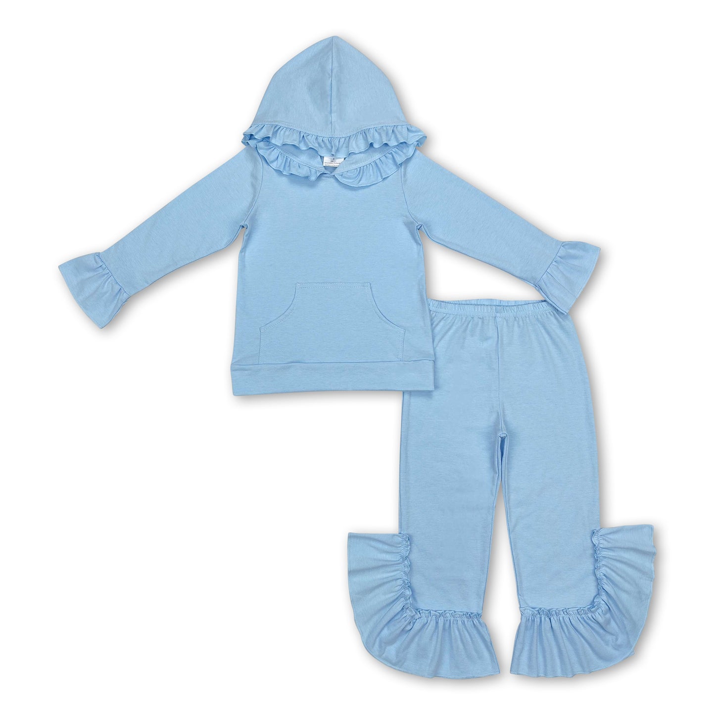 Aqua color cotton ruffle hoodie pants girls clothing set