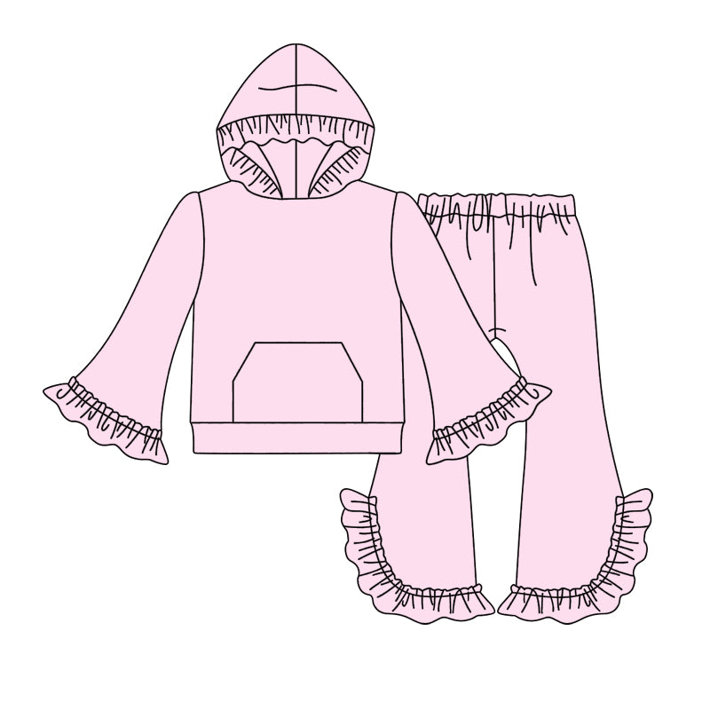 Pink color cotton ruffle hoodie pants girls clothing set