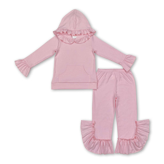 Pink color cotton ruffle hoodie pants girls clothing set