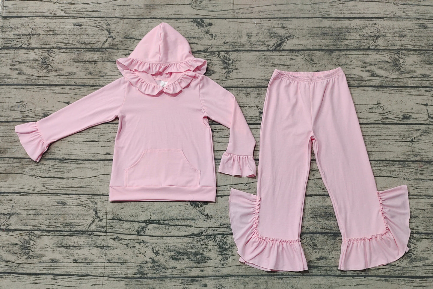 Pink color cotton ruffle hoodie pants girls clothing set