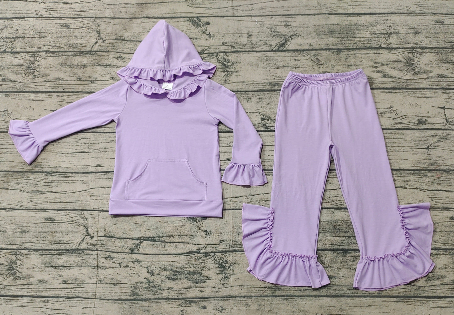 Lavender color cotton ruffle hoodie pants girls clothing set