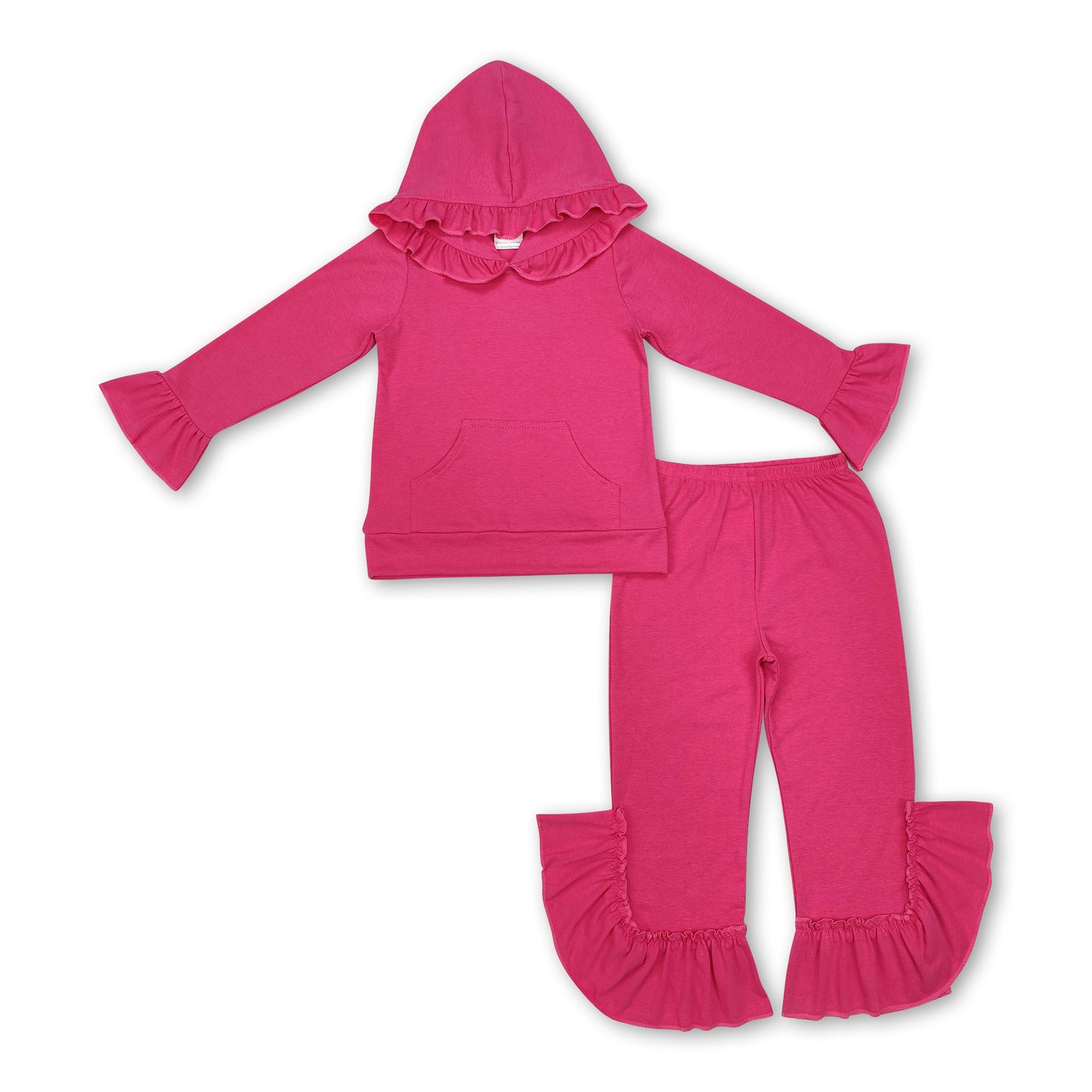 Hot pink color cotton ruffle hoodie pants girls clothing set