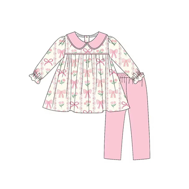 Pink bow floral tunic leggings girls clothing set