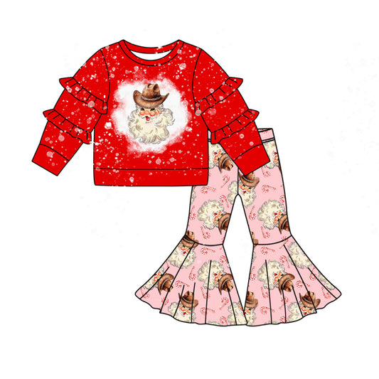 Red bleached santa top bell bottom pants girls Christmas set