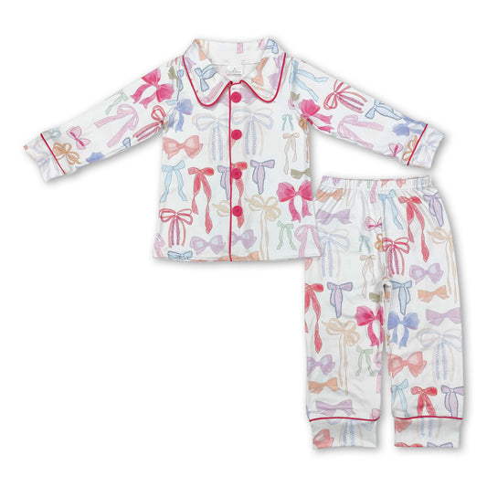 Colorful bow kids girls button down pajamas