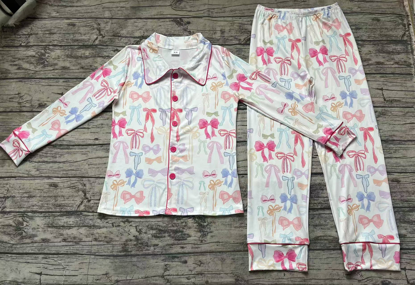 Colorful bow adult women button down pajamas