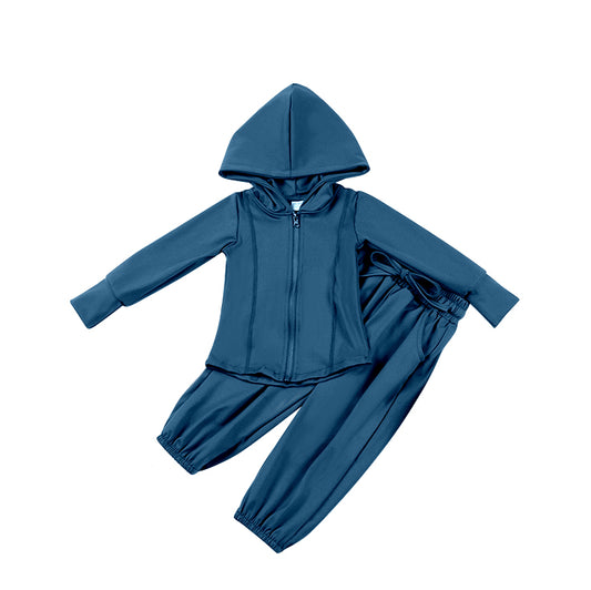 Blue zipper hoodie pockets pants girls yoga set