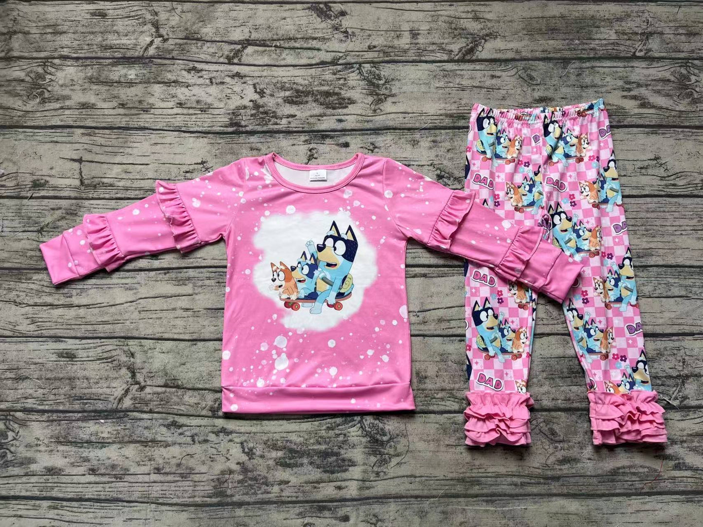 Pink bleached dog ruffle top pants girls clothing set