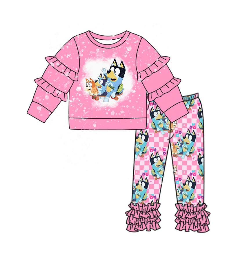 Pink bleached dog ruffle top pants girls clothing set