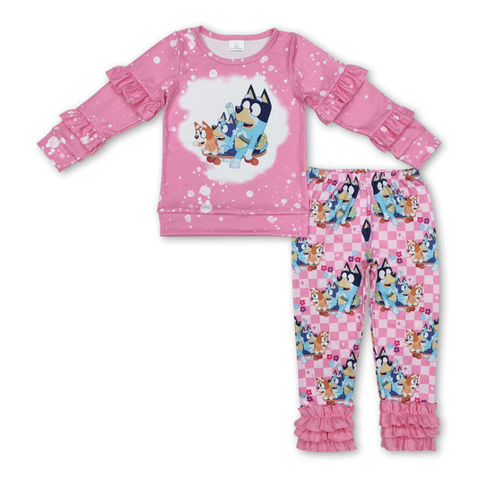 Pink bleached dog ruffle top pants girls clothing set