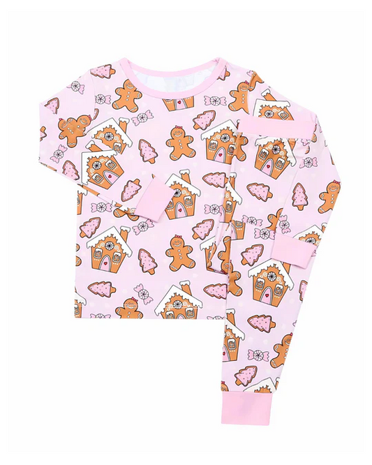 Pink gingerbread candy house girls Christmas pajamas