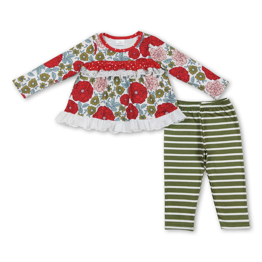 Red floral tunic green stripe leggings girls Christmas clothes