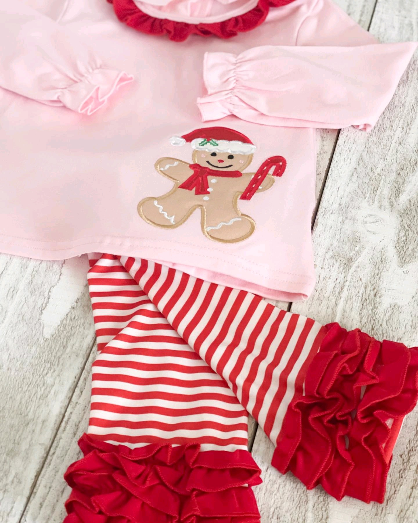 Pink gingerbread tunic red stripe baby girls Christmas set