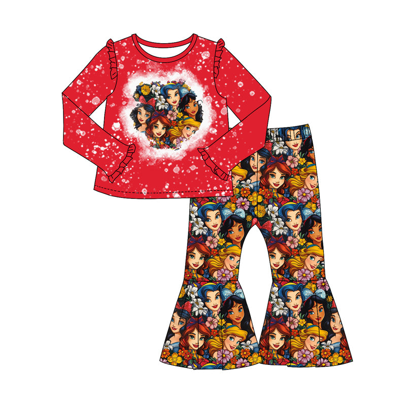 Red bleached top princess floral pants girls clothing set