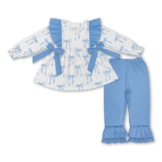 Light blue bow tunic ruffle pants girls clothing set