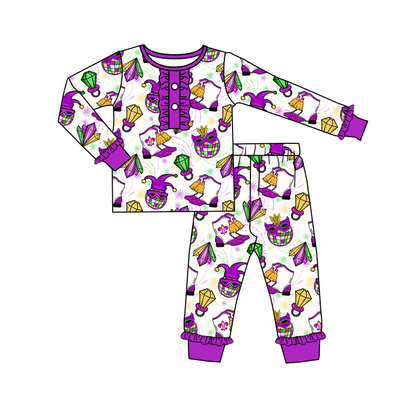 Purple long sleeves kids girls mardi gras pajamas