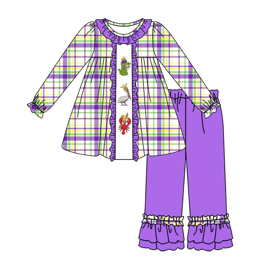 Plaid alligator pelican crawfish kids girls mardi gras outfits