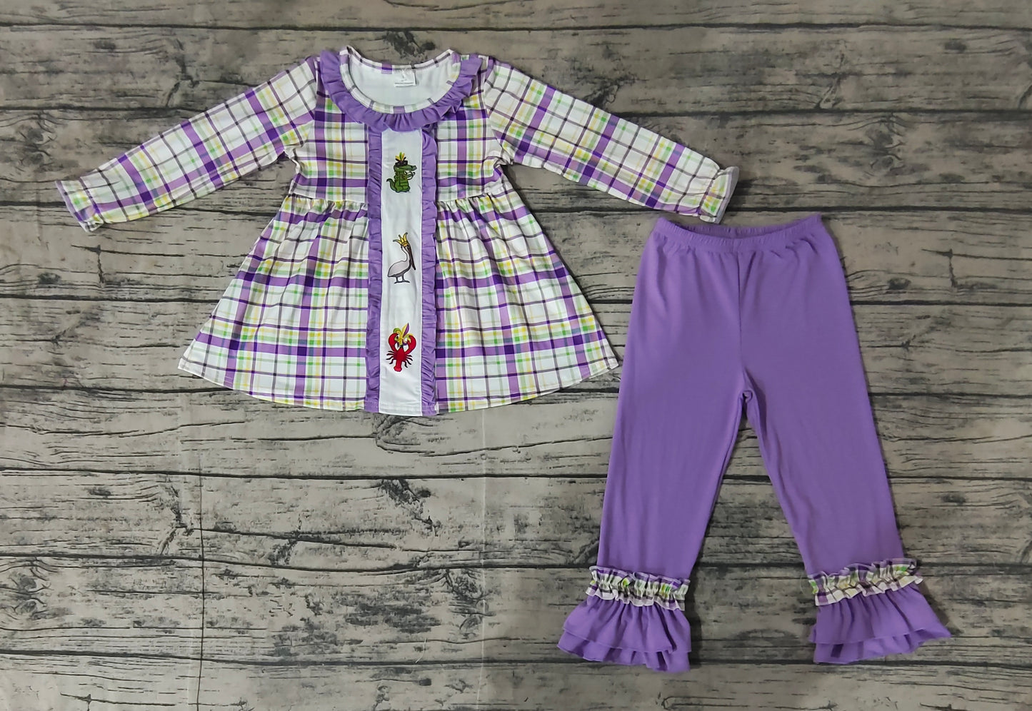 Plaid alligator pelican crawfish kids girls mardi gras outfits