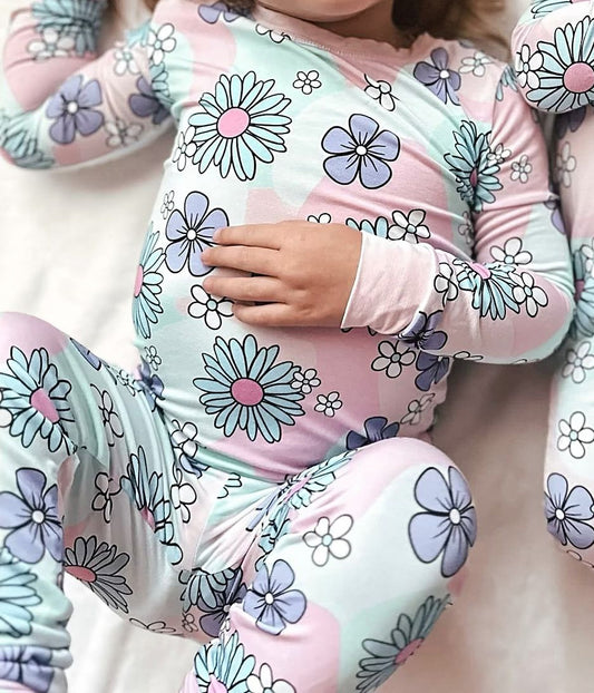 Long sleeves pink mint floral baby girls pajamas